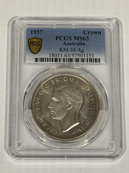 Australia 1937 Crown 5/- Five Shillings PCGS Graded MS63 Large Silver Coin