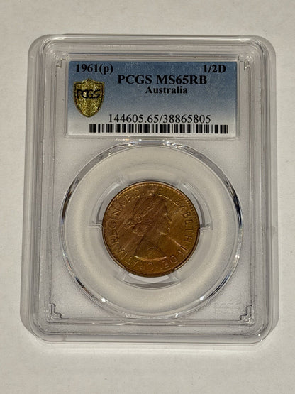 Australia 1961(p) Half Penny 1/2d PCGS Graded MS65RB Red Brown Copper Coin