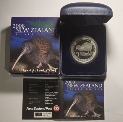 New Zealand 2008 Silver Dollar Haast Tokoeka Kiwi 1oz 999 Silver Proof Coin