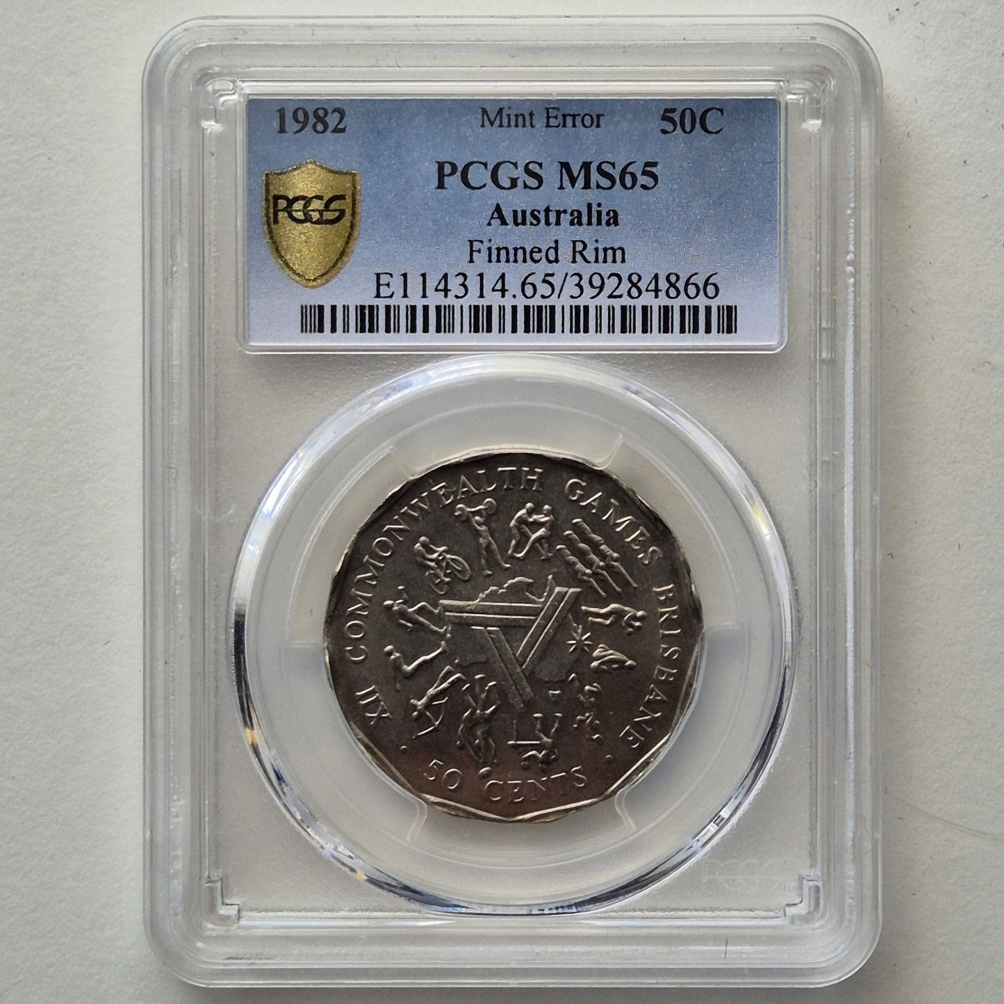 Australia 1982 Error Ramstrike Finned Rim Fifty Cents 50c Coin PCGS MS65