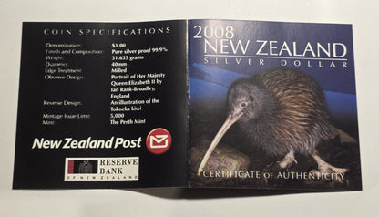 New Zealand 2008 Silver Dollar Haast Tokoeka Kiwi 1oz 999 Silver Proof Coin