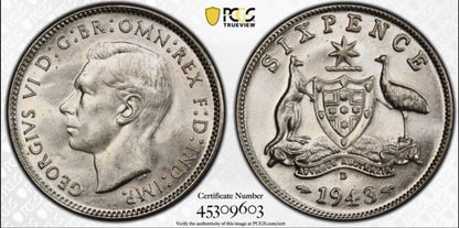Australia 1943-D Sixpence 6d PCGS Graded MS65 GEM Silver Coin