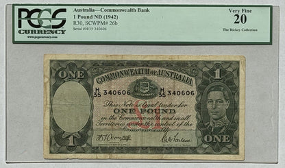 Australia 1942 One Pound Armitage/Mcfarlane PCGS VF20 Banknote OGH Slab