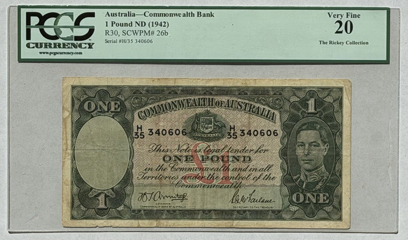 Australia 1942 One Pound Armitage/Mcfarlane PCGS VF20 Banknote OGH Slab