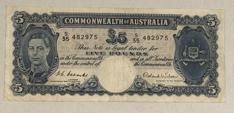 Commonwealth Australia 1952 £5 Five Pound Coombs/Wilson KGV Paper Banknote VF