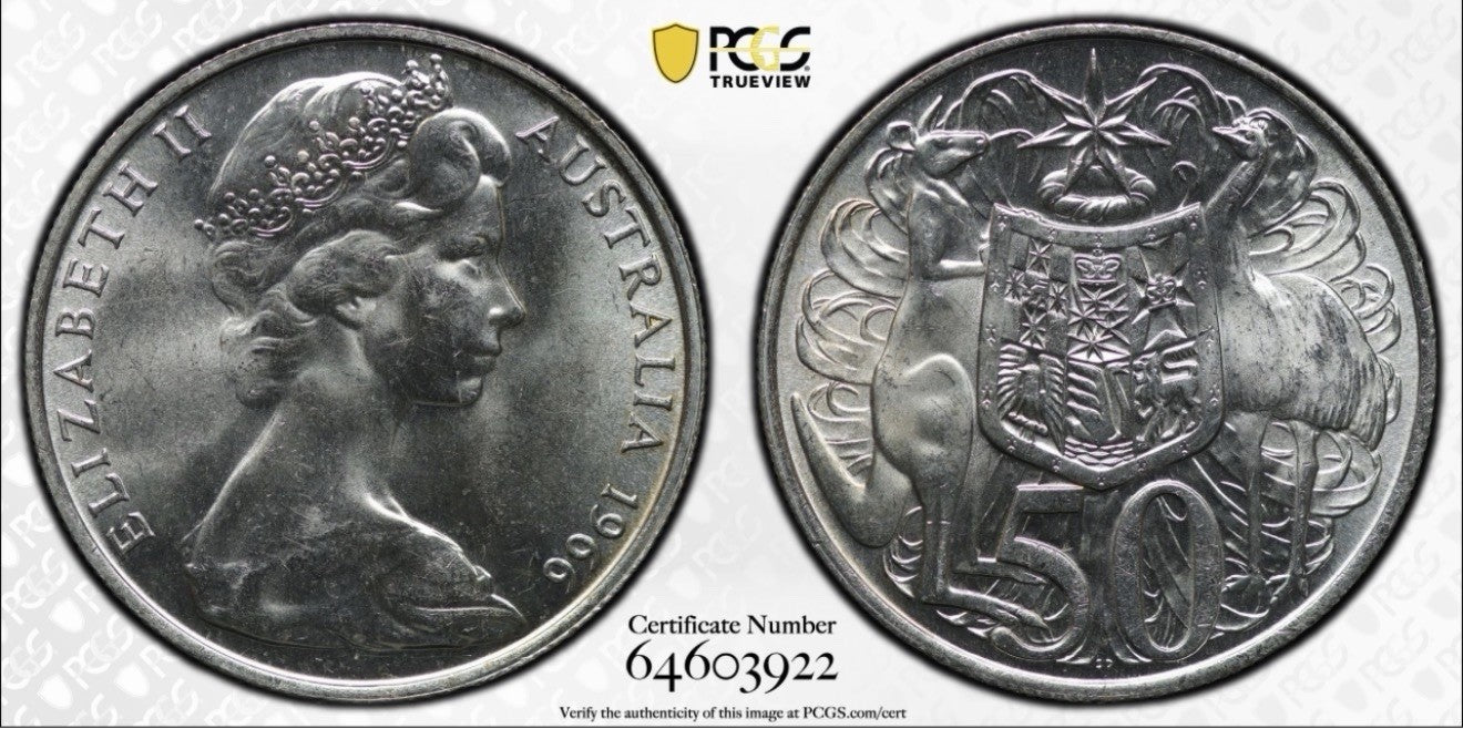 Australia 1966 Round 50c Fifty Cent PCGS Graded MS63 UNC 80% Silver Coin