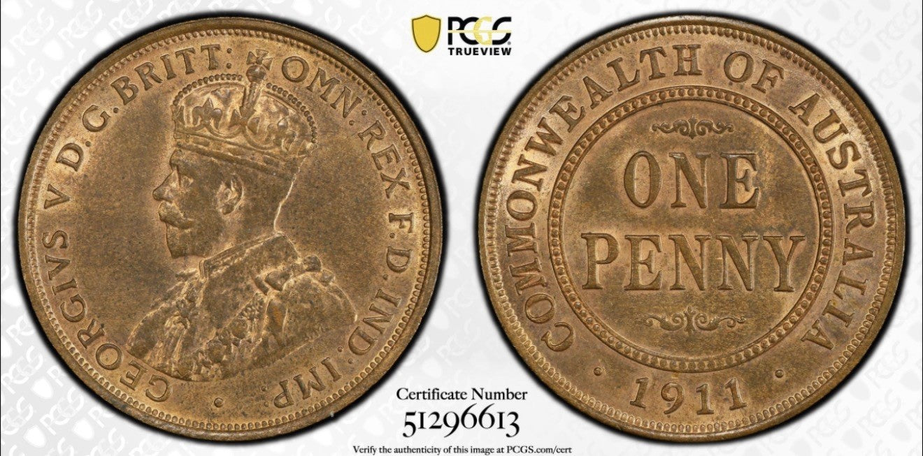 Australia 1911(L) One Penny 1d PCGS Graded MS64RB Coin Choice UNC KGV