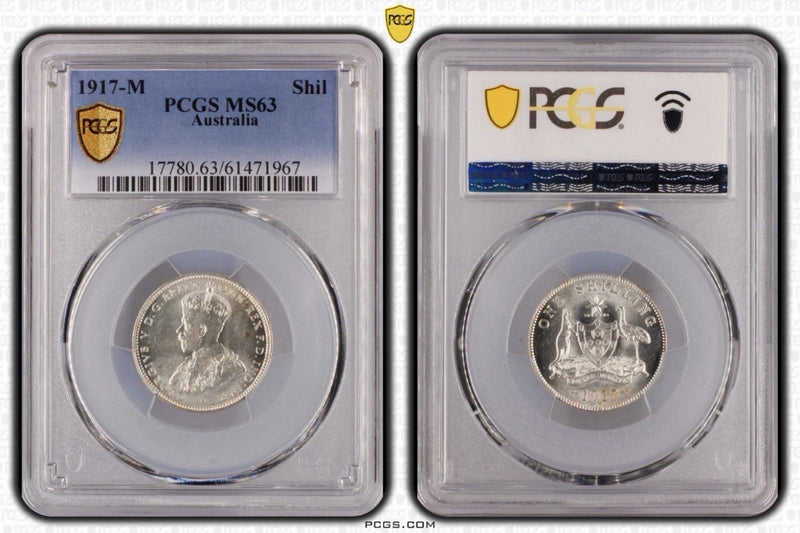 Australia 1917 One Shilling 1/- PCGS Graded MS63 KGV UNC Silver Coin