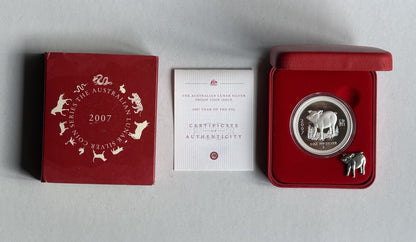 2007 Australia Perth Mint Lunar Pig 1oz $1 Series I Silver Proof Coin
