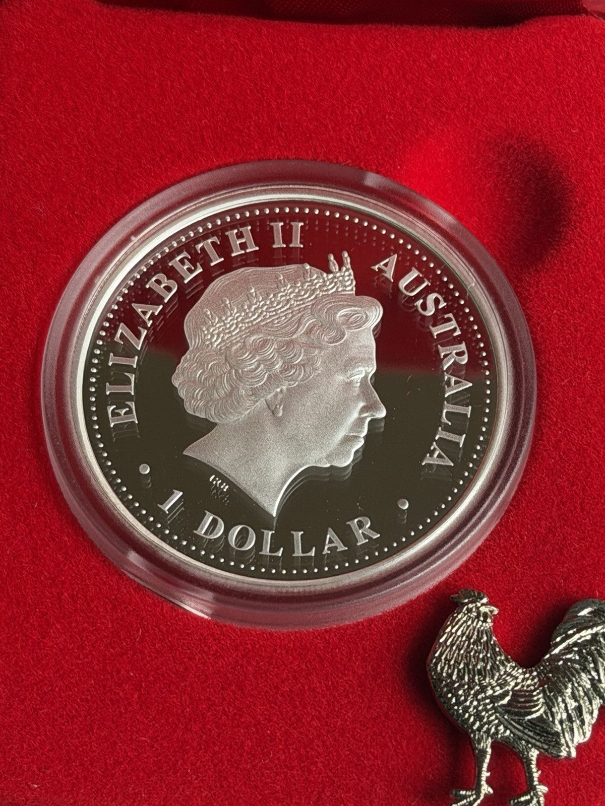 2005 Australia Perth Mint Lunar Rooster 1oz $1 Series I Silver Proof Coin