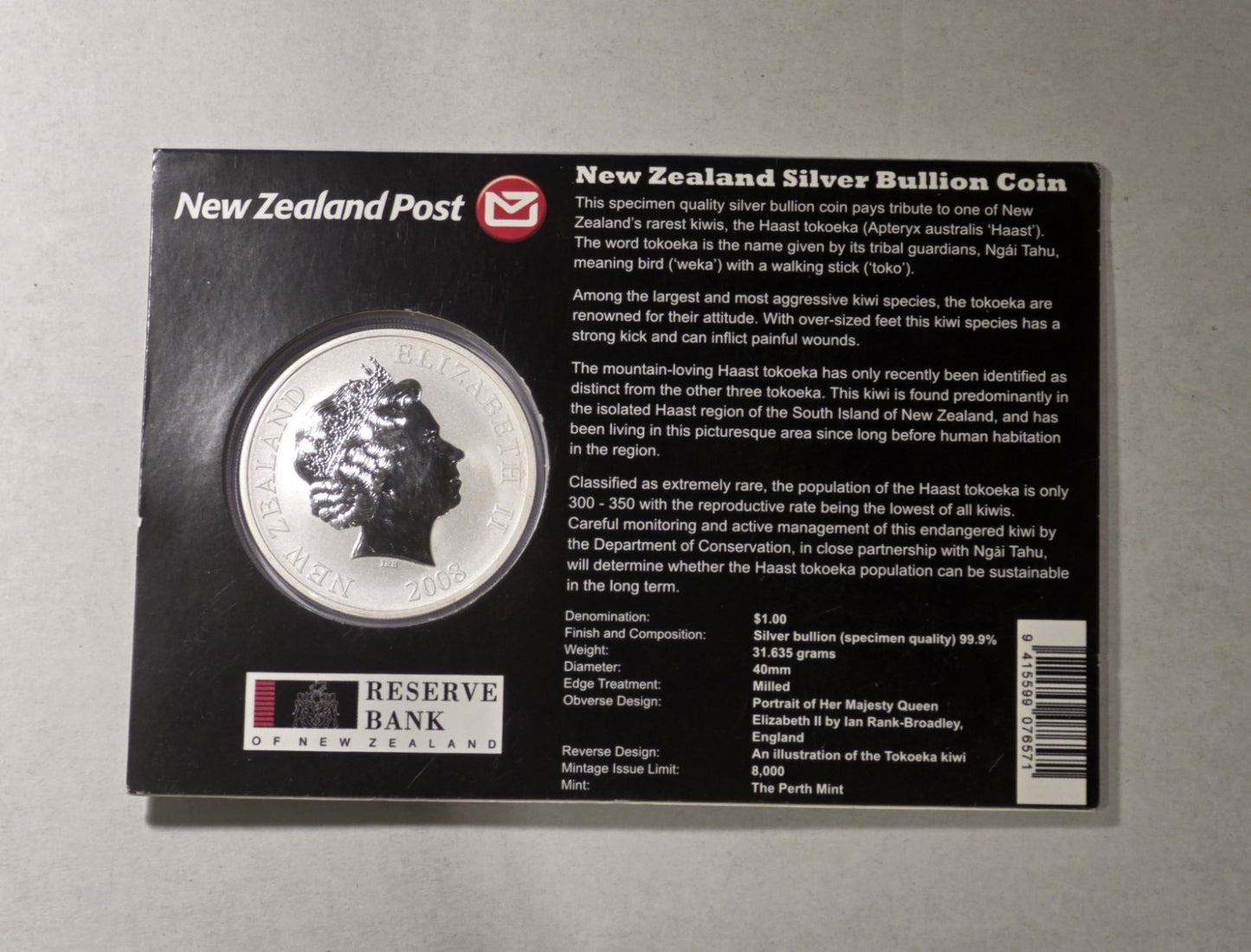 New Zealand 2008 Silver Dollar Haast Tokoeka Kiwi 1oz 999 Silver Coin