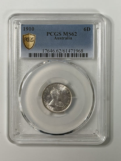 Australia 1910 6d Sixpence PCGS Graded MS62 UNC Silver Coin