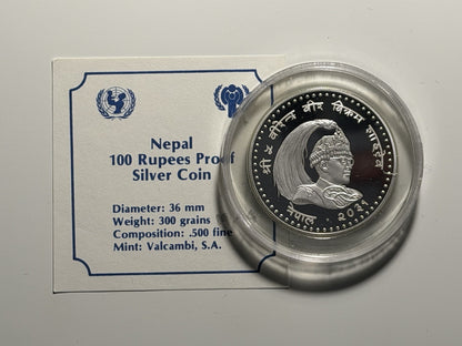 Nepal 1974 100 One Hundred Rupees Year of the Child Silver Proof Coin