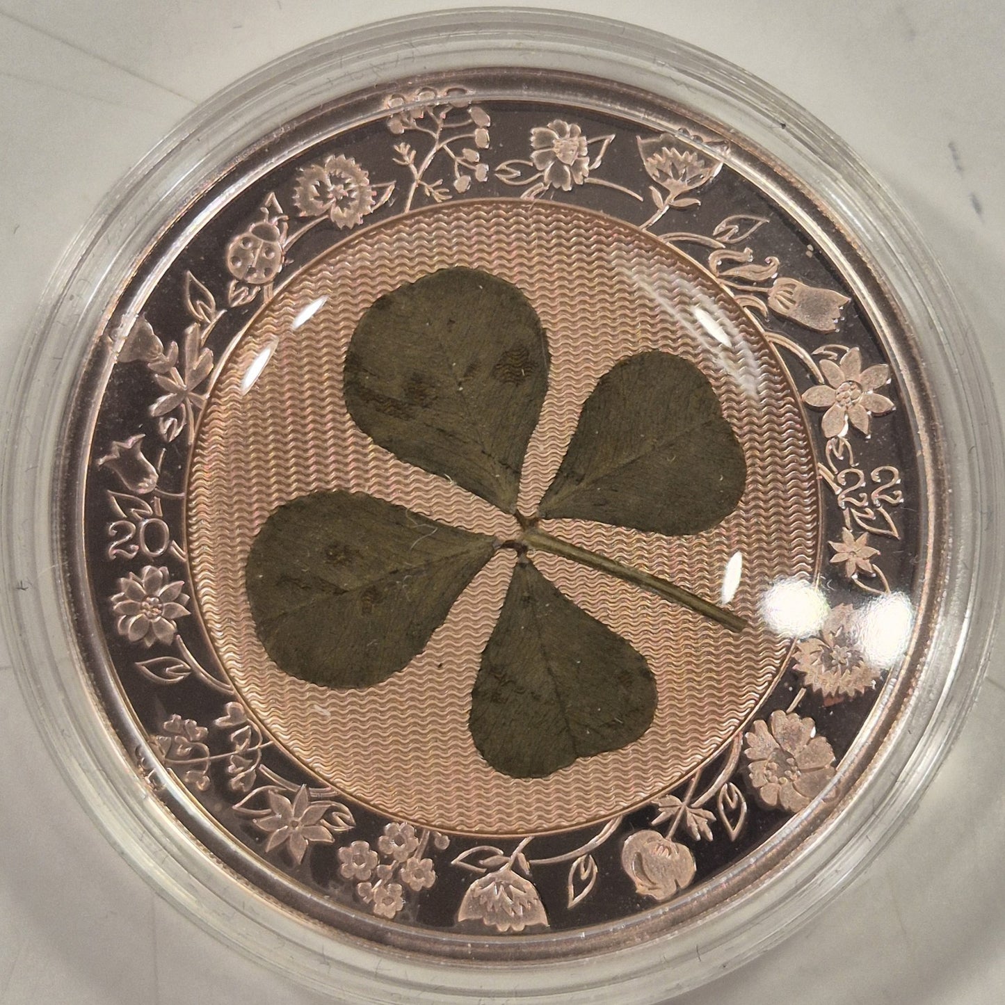 2022 Palau $5 1oz Four Leaf Clover Luck Silver Proof Rose Gold Gilded Coin Cased