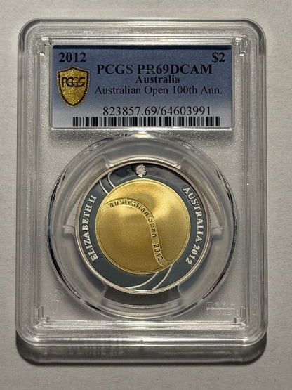 Australia Open AO 2012 100th Anni $2 PCGS Graded PR69DCAM Silver Gilt Coin