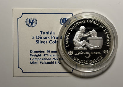 Tunisia 1982 5 Five Dinars Year of the Child Silver Proof Coin