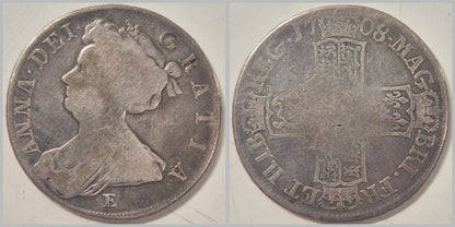 UK British England Silver Halfcrown 1708E Queen Anne S3605 Coin VG