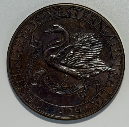 Western Australia 1929 UNC Copper Centenary Medal George V Left Facing Swan