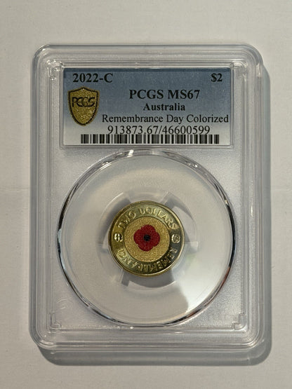 Australia 2022 $2 C Mint Mark Red Remembrance Poppy PCGS Graded MS67 UNC Coin
