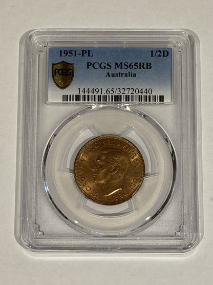 Australia 1951-PL Half Penny 1/2d PCGS Graded MS65RB Red Brown Copper Coin