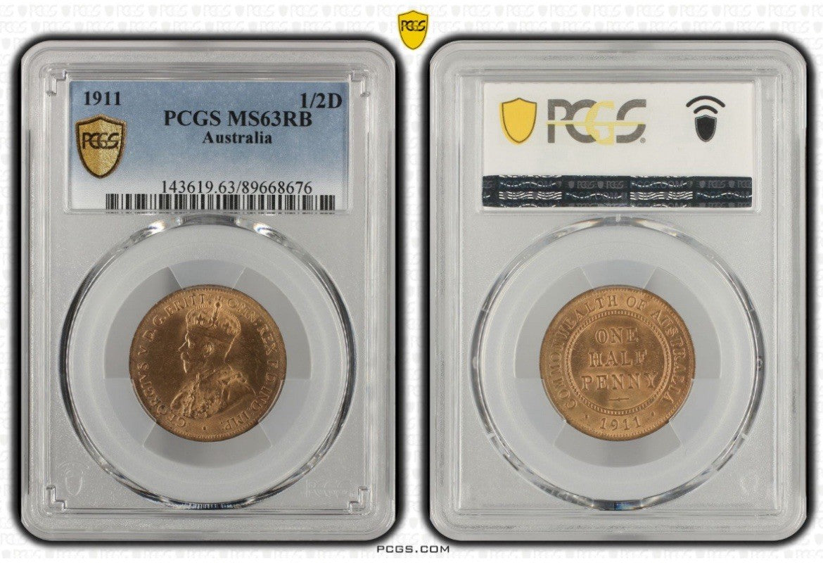 Australia 1911 One Half Penny 1/2d PCGS Graded MS63RB Coin UNC KGV
