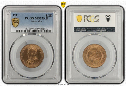 Australia 1911 One Half Penny 1/2d PCGS Graded MS63RB Coin UNC KGV