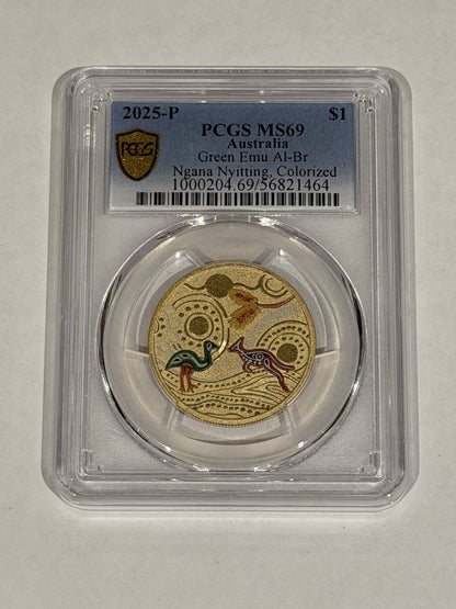2025-P $1 One Dollar Ngana Nyitting Green Emu PCGS Graded MS69 Coloured Coin