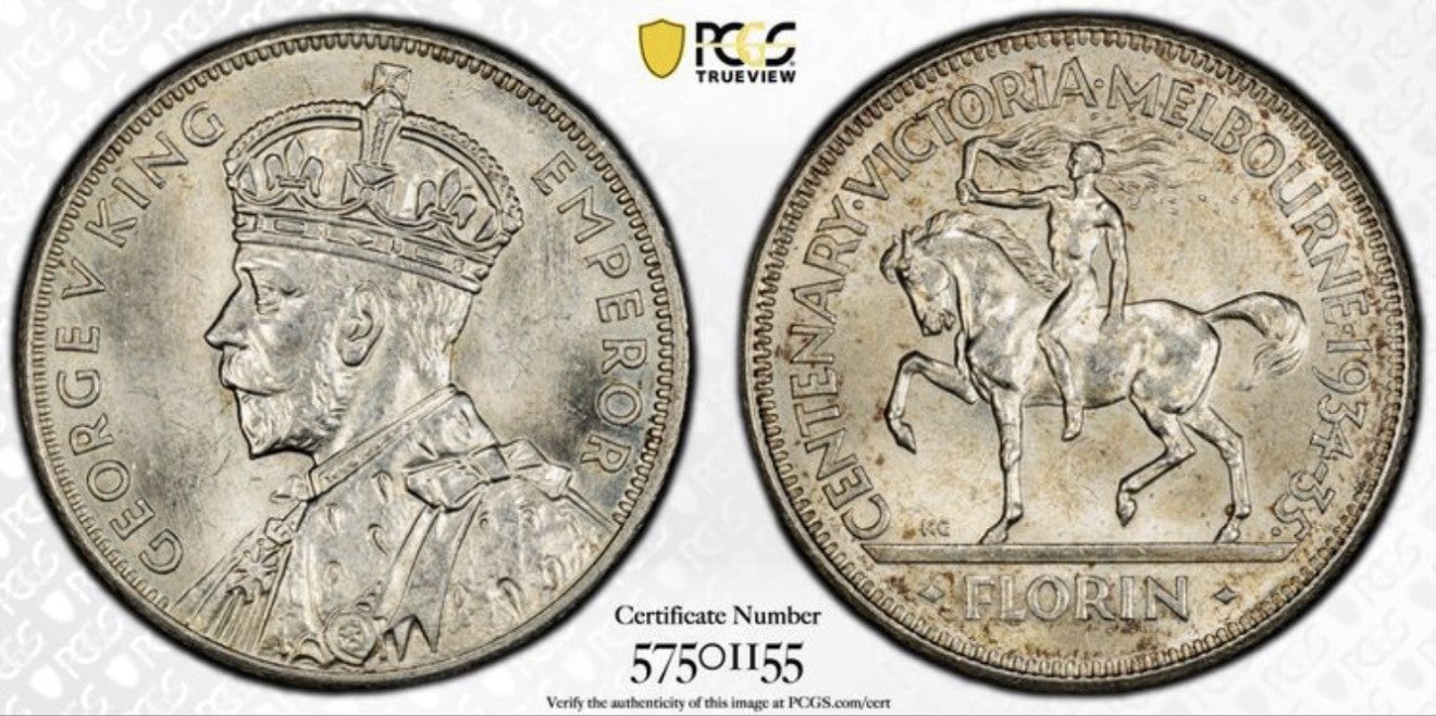 Australia 1934-35 Melbourne Centenary Florin 2/- PCGS Graded MS64 Silver Coin