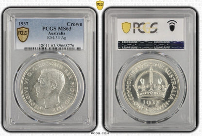 Australia 1937 Crown 5/- Five Shillings PCGS Graded MS63 Large Silver Coin