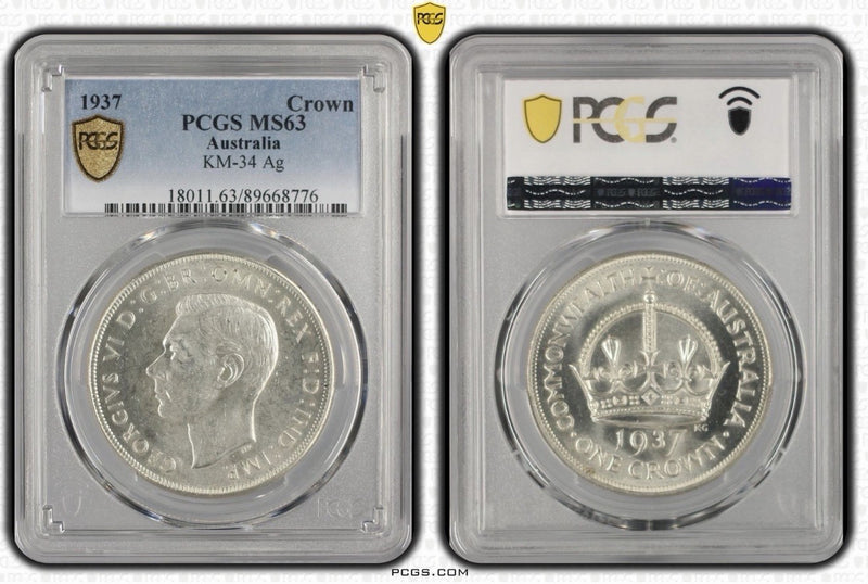 Australia 1937 Crown 5/- Five Shillings PCGS Graded MS63 Large Silver Coin