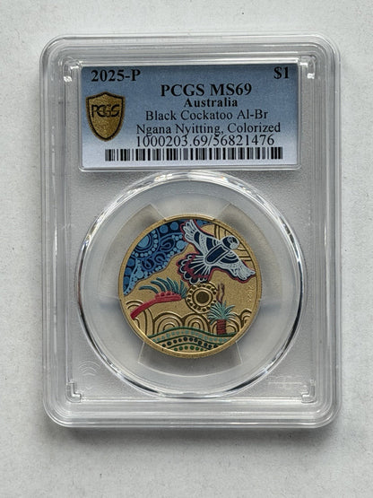 2025-P $1 Ngana Nyitting Black Cockatoo PCGS Graded MS69 Coloured Coin