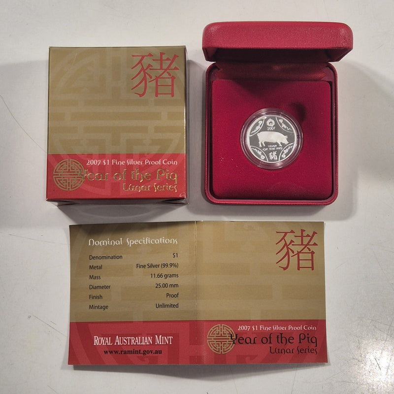 Australia RAM 2007 Lunar Year of the Pig $1 One Dollar Silver Proof Coin