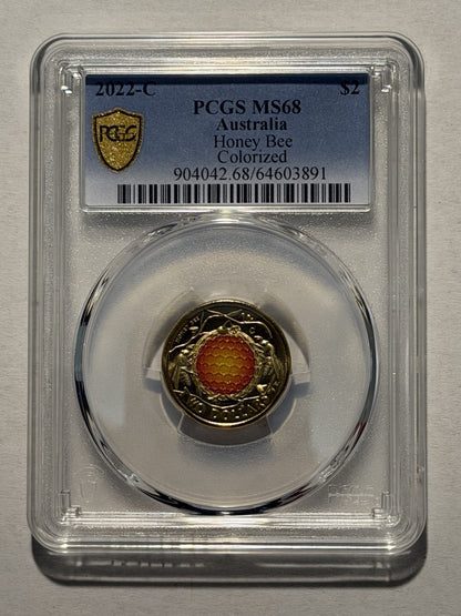 Australia 2022 $2 Two Dollars C Mint Mark Honey Bee PCGS Graded MS68 Coin