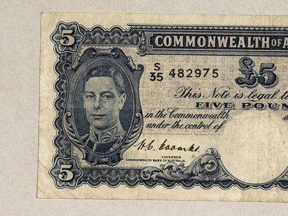 Commonwealth Australia 1952 £5 Five Pound Coombs/Wilson KGV Paper Banknote VF