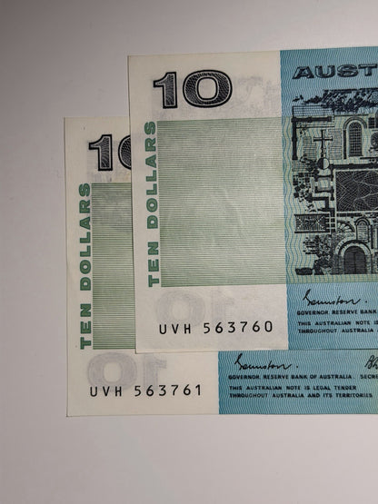 Consecutive Pair UNC Australia 1991 $10 Dollars Johnston/ Fraser Paper Banknote