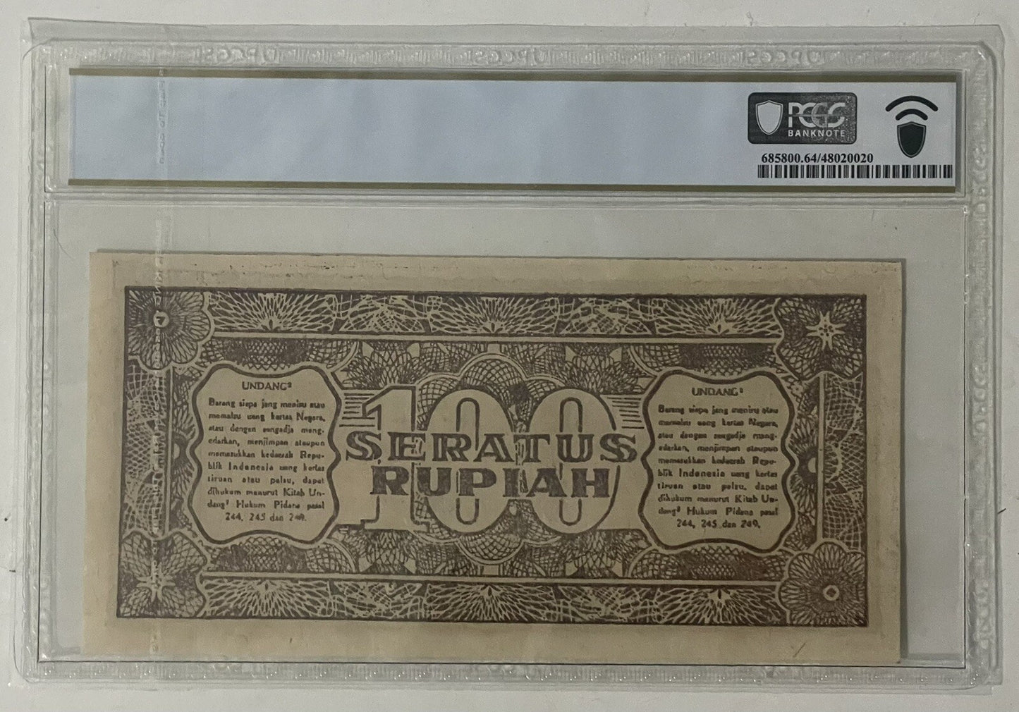 Indonesia Uang Kuno 100 Rupiah 1947 ORI III PCGS 64 Choice UNC Soekarno Banknote