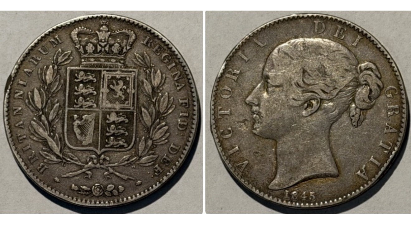 Great Britain UK 1845 Crown 5/- Five Shillings VIC Young Head Silver Coin VF