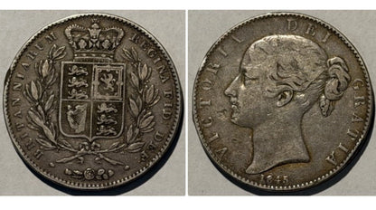 Great Britain UK 1845 Crown 5/- Five Shillings VIC Young Head Silver Coin VF