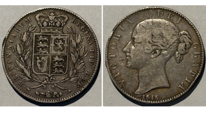 Great Britain UK 1845 Crown 5/- Five Shillings VIC Young Head Silver Coin VF