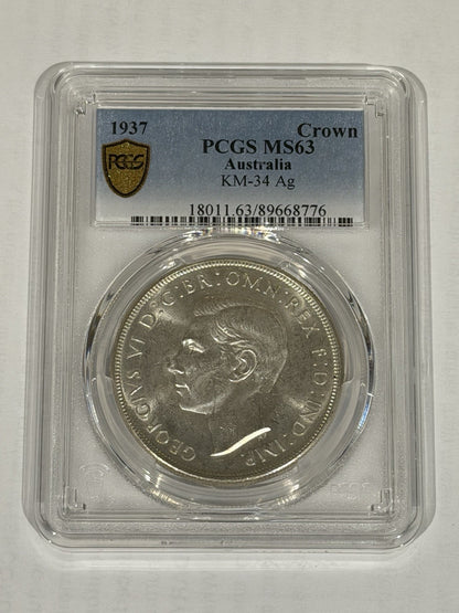 Australia 1937 Crown 5/- Five Shillings PCGS Graded MS63 Large Silver Coin