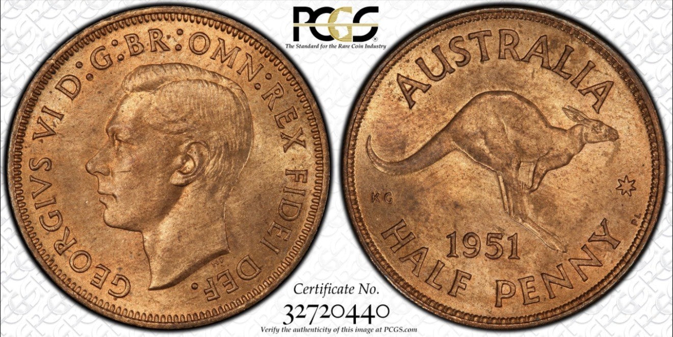 Australia 1951-PL Half Penny 1/2d PCGS Graded MS65RB Red Brown Copper Coin