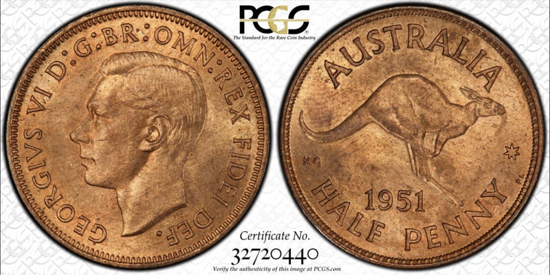Australia 1951-PL Half Penny 1/2d PCGS Graded MS65RB Red Brown Copper Coin