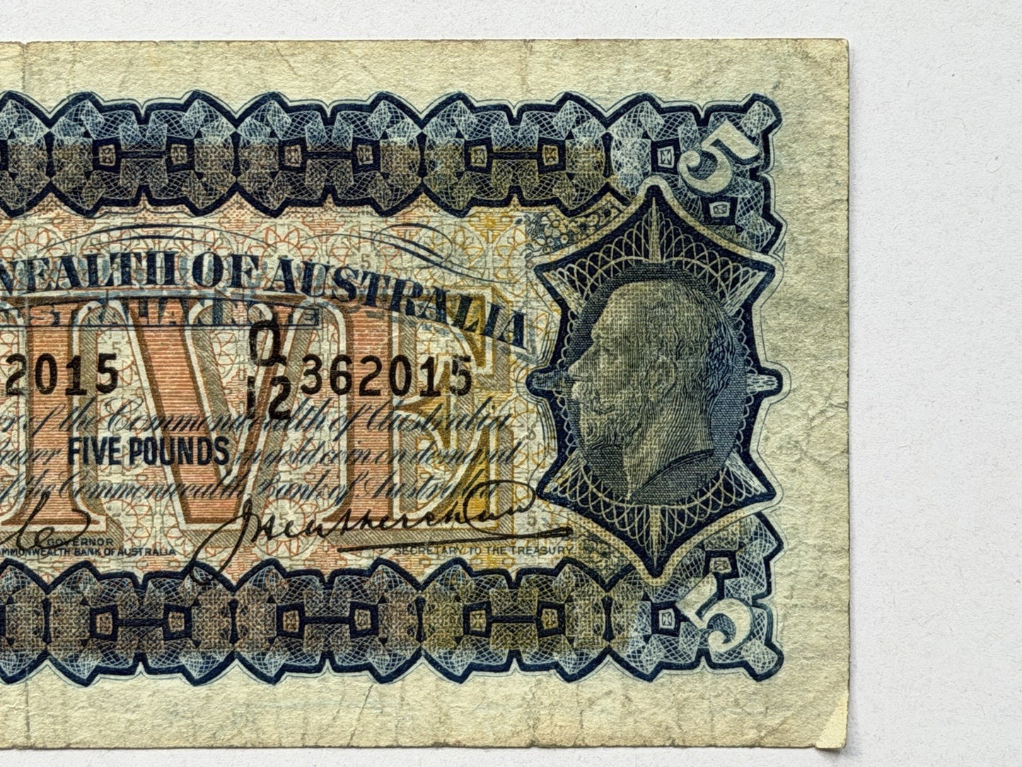 Australia 1928 Five Pound £5 Riddle/Heathershaw Paper Banknote Fine