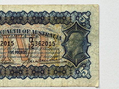 Australia 1928 Five Pound £5 Riddle/Heathershaw Paper Banknote Fine