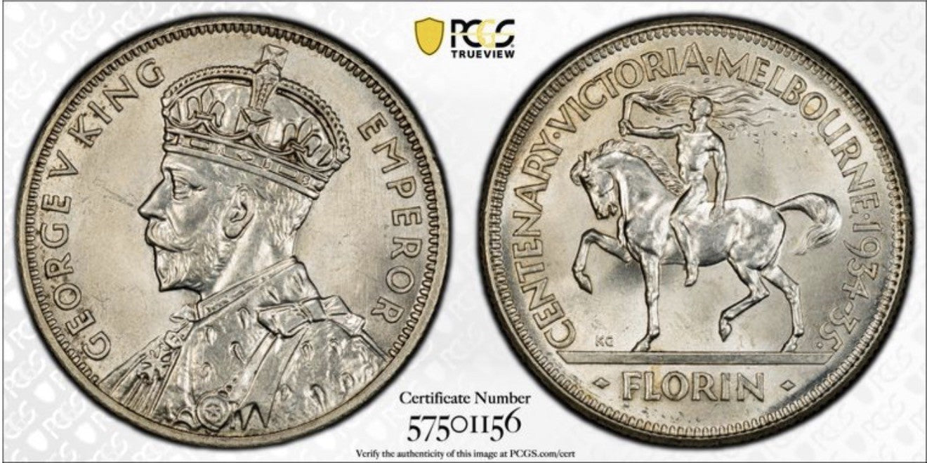 Australia 1934-35 Melbourne Centenary Florin 2/- PCGS Graded MS65 Silver Coin