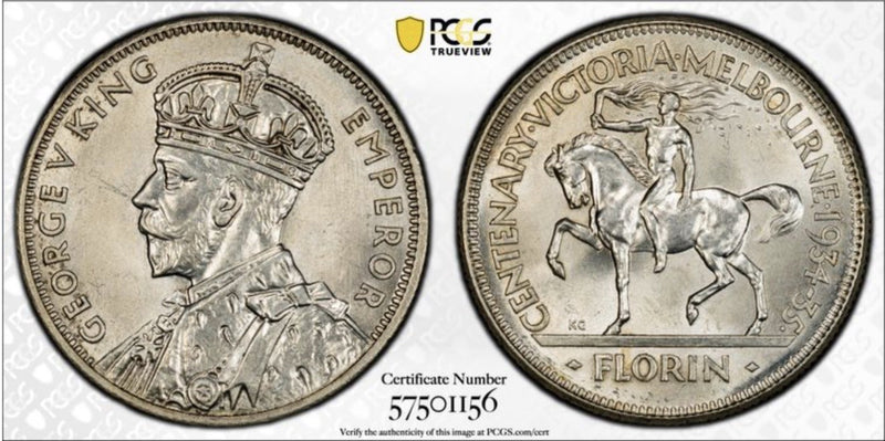 Australia 1934-35 Melbourne Centenary Florin 2/- PCGS Graded MS65 Silver Coin