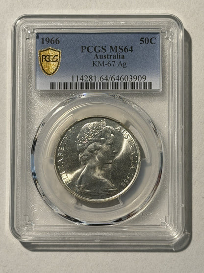 Australia 1966 Round 50c Fifty Cent PCGS Graded MS64 UNC 80% Silver Coin