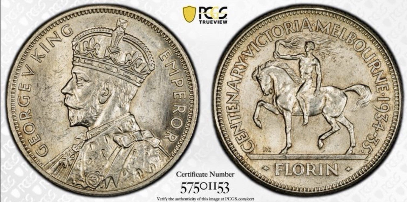 Australia 1934-35 Melbourne Centenary Florin 2/- PCGS Graded MS64 Silver Coin