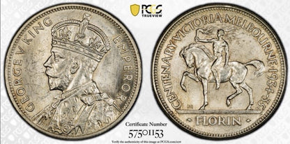 Australia 1934-35 Melbourne Centenary Florin 2/- PCGS Graded MS64 Silver Coin