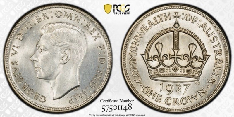 Australia 1937 Crown 5/- Five Shillings PCGS Graded MS63 Large Silver Coin
